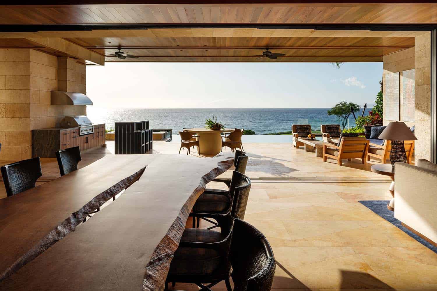 contemporary dining room with views of the ocean