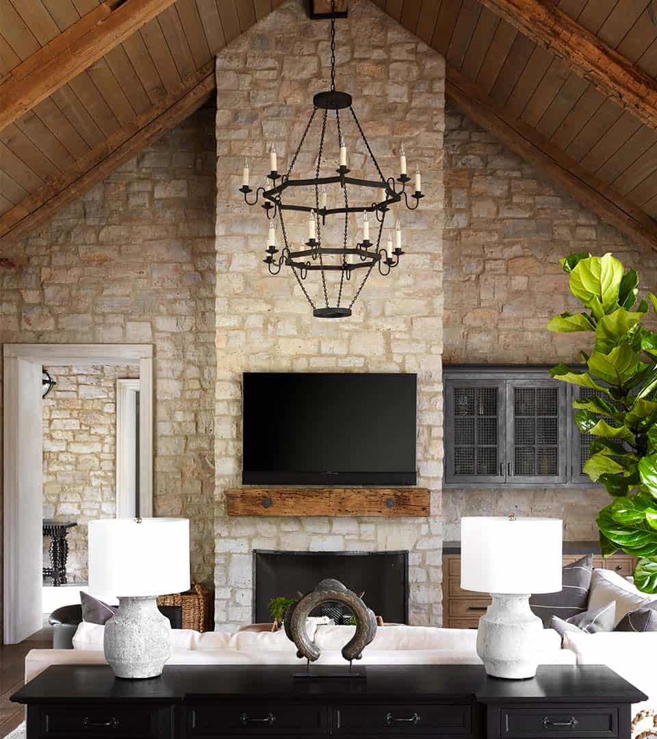 contemporary farmhouse living room with a fireplace