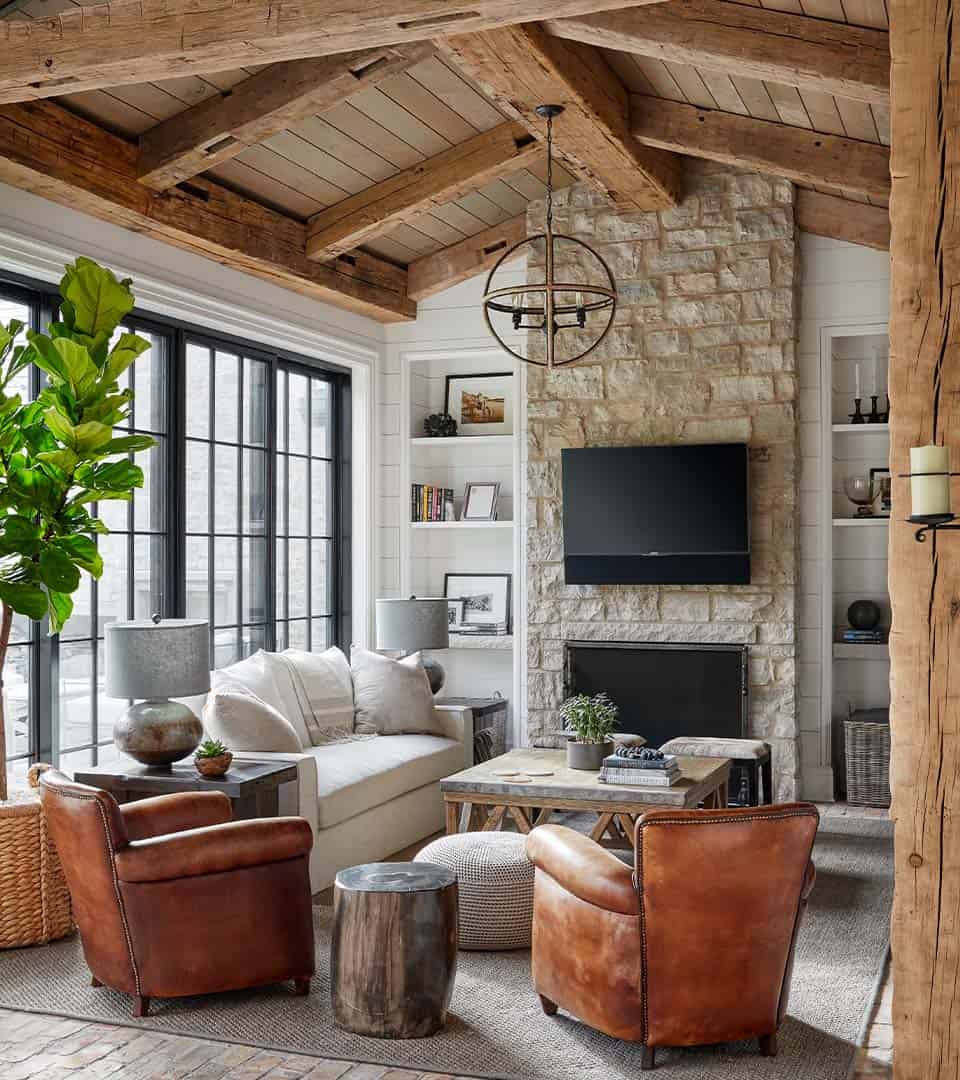 contemporary farmhouse family room with a fireplace