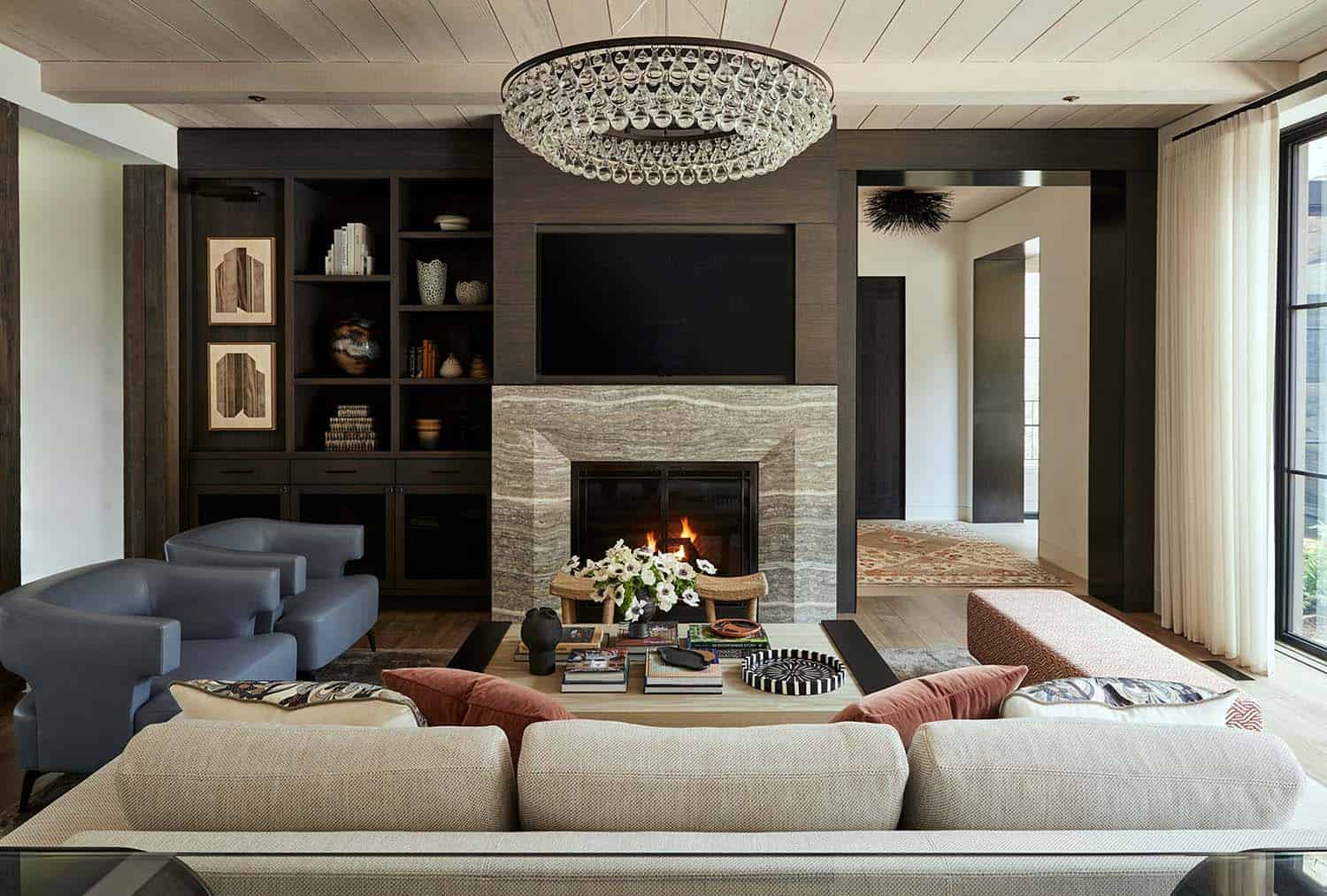 contemporary living room with a fireplace
