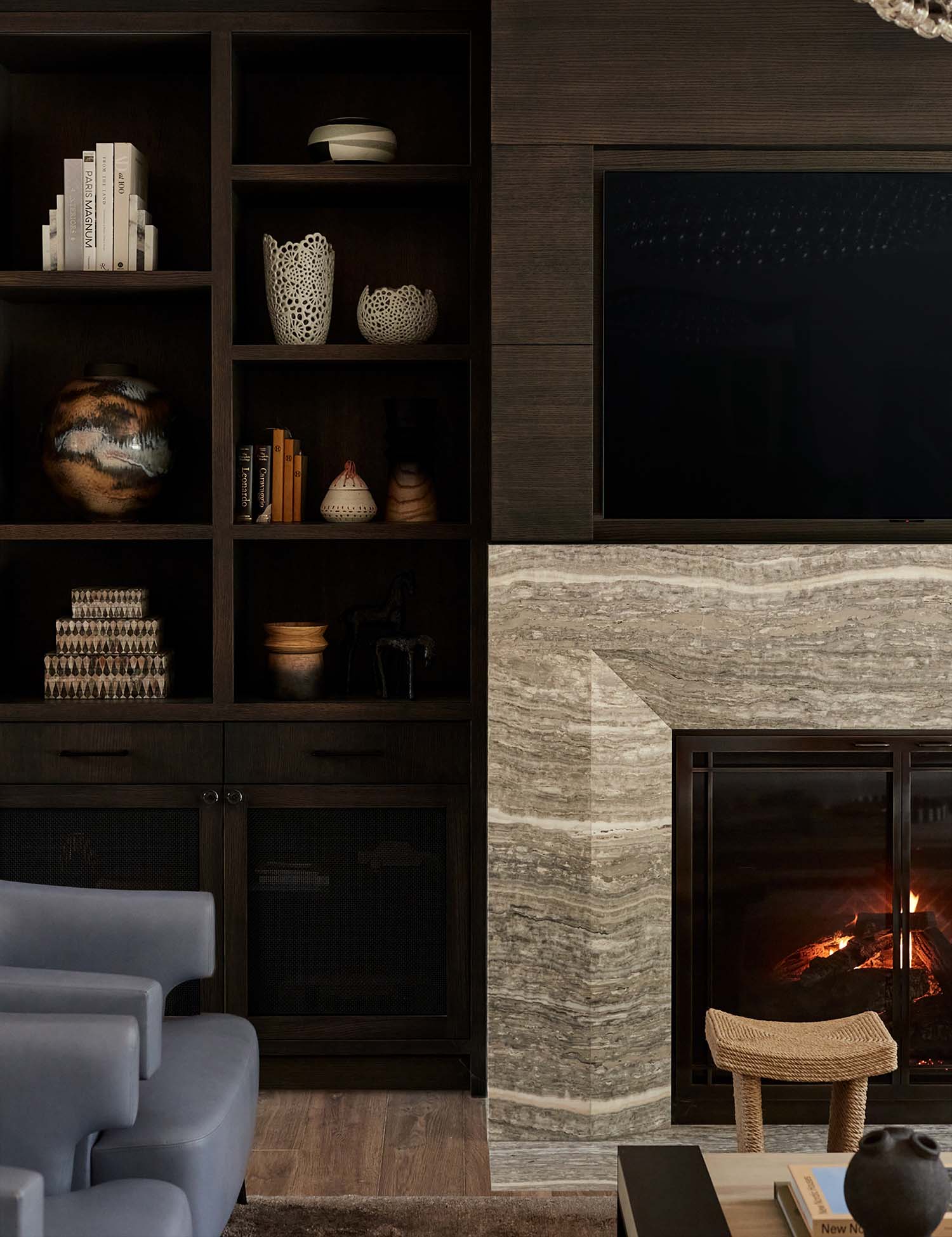 contemporary living room fireplace detail