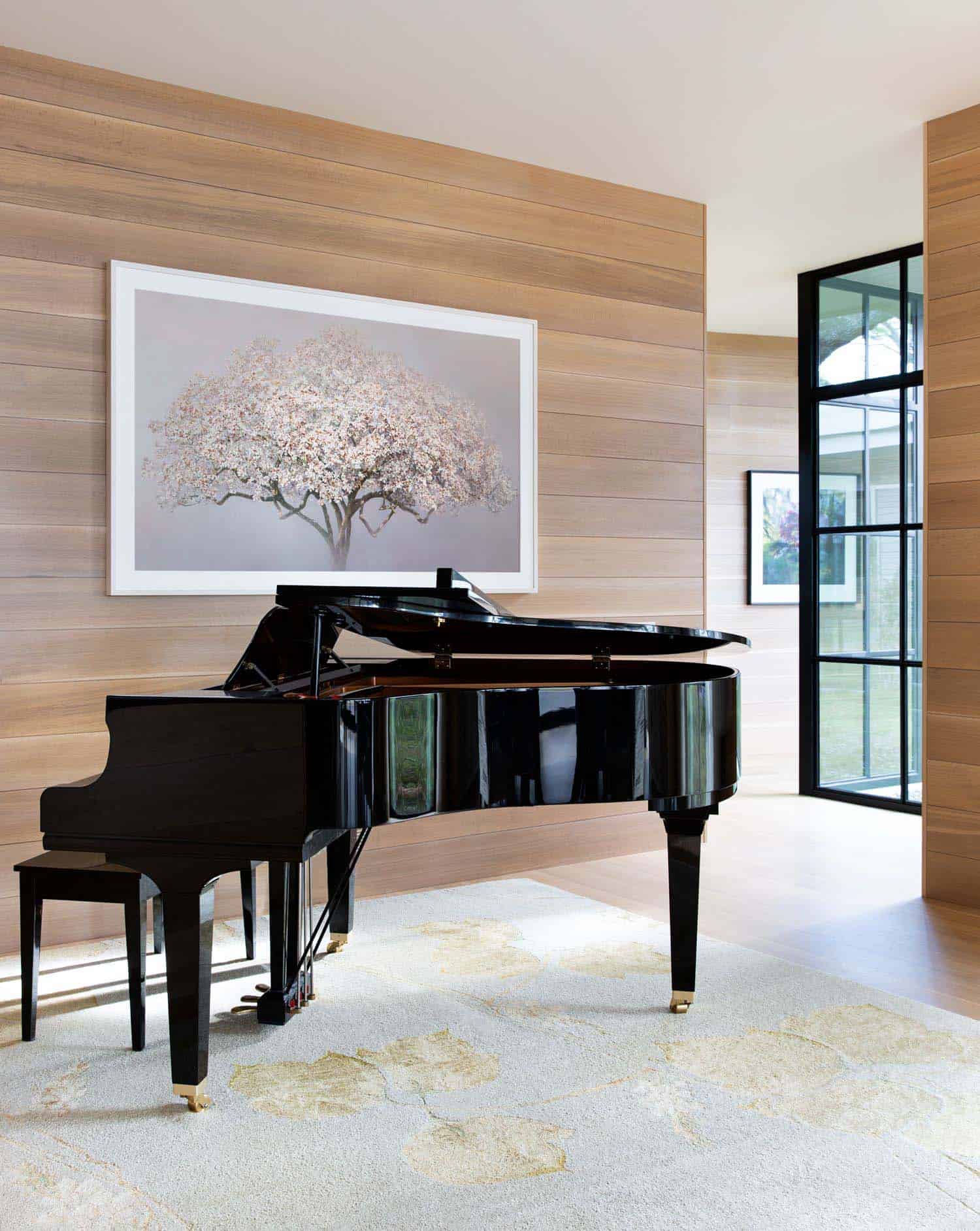 contemporary living room with a piano