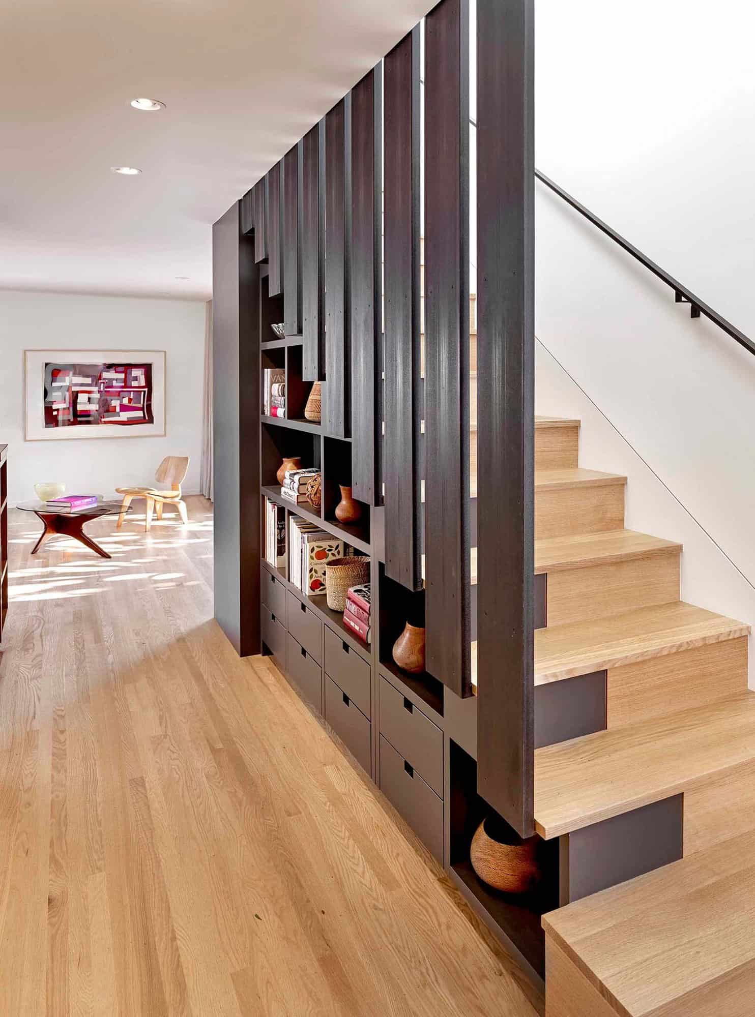 contemporary staircase with integrated storage 