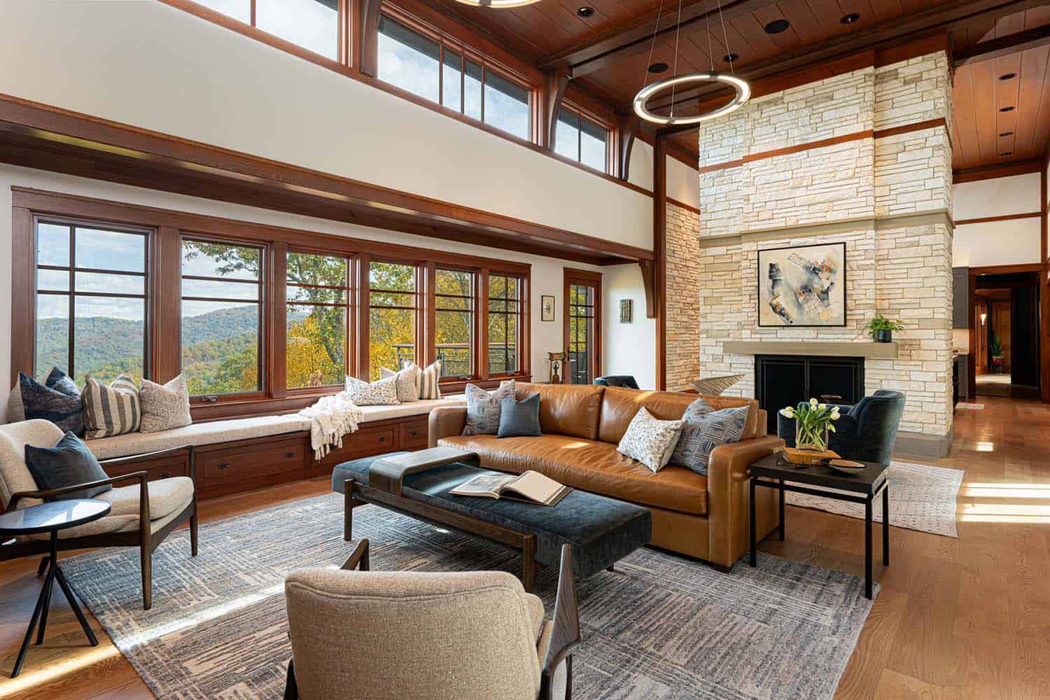 contemporary craftsman style living room with a built-in window seat