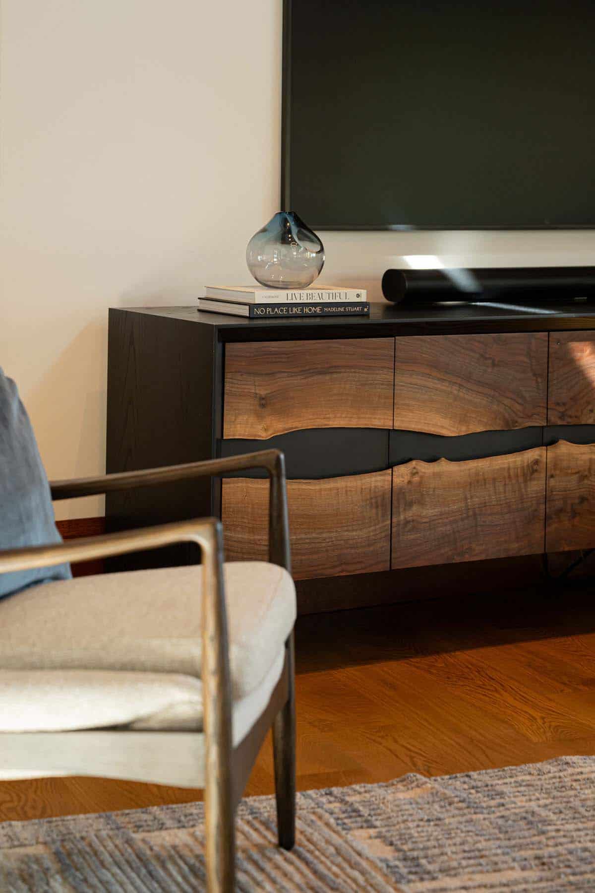 contemporary craftsman style living room with a wood console table