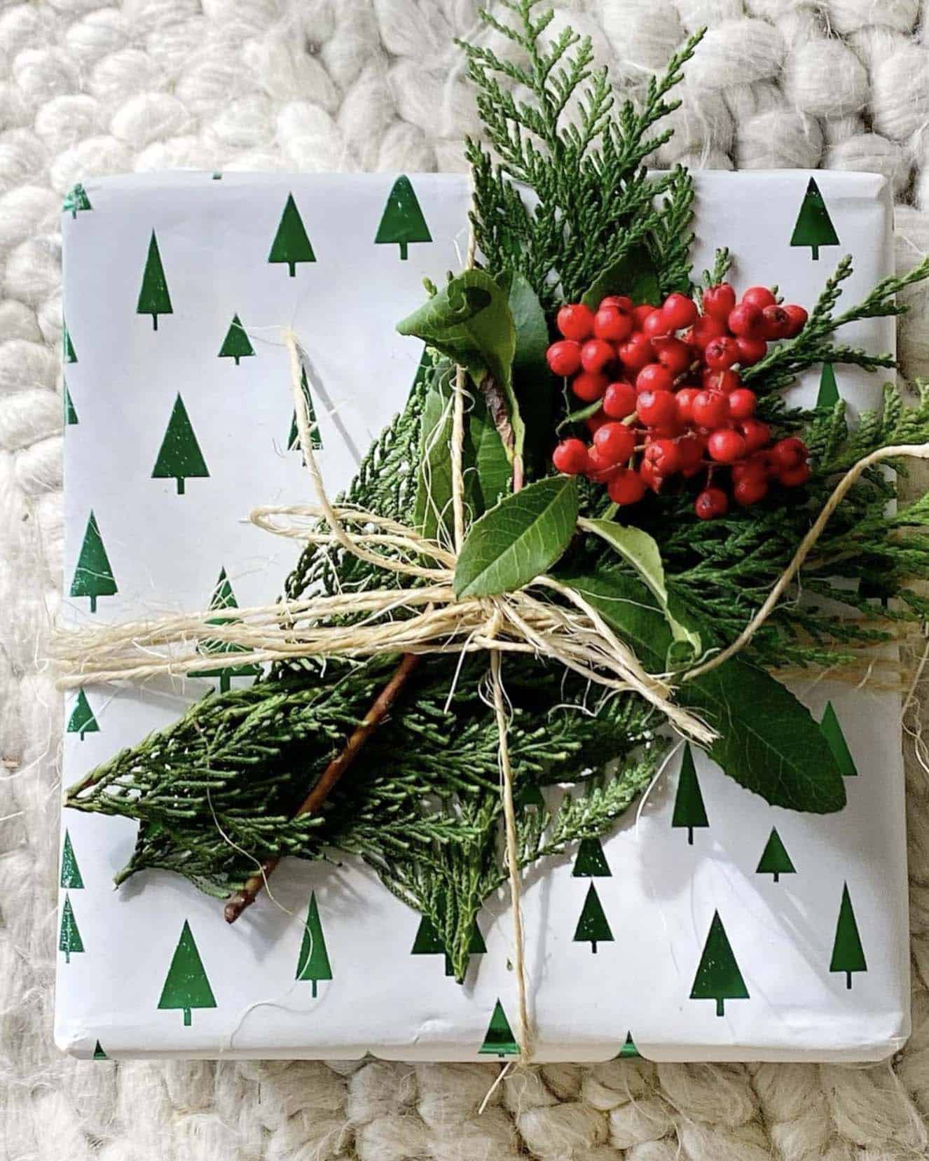 christmas gift wrapping with natural elements