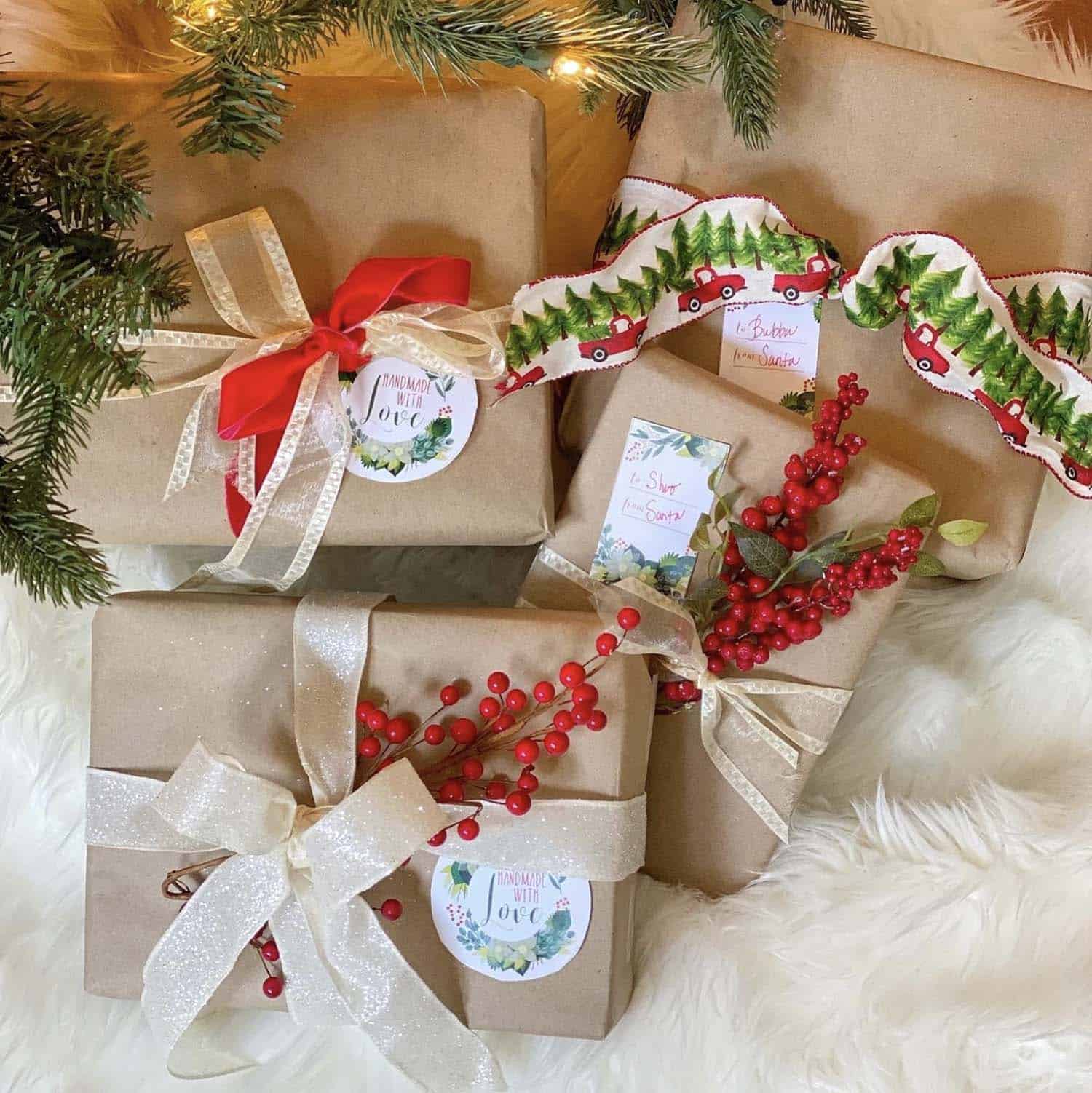 christmas gift wrap with Kraft paper and ribbons