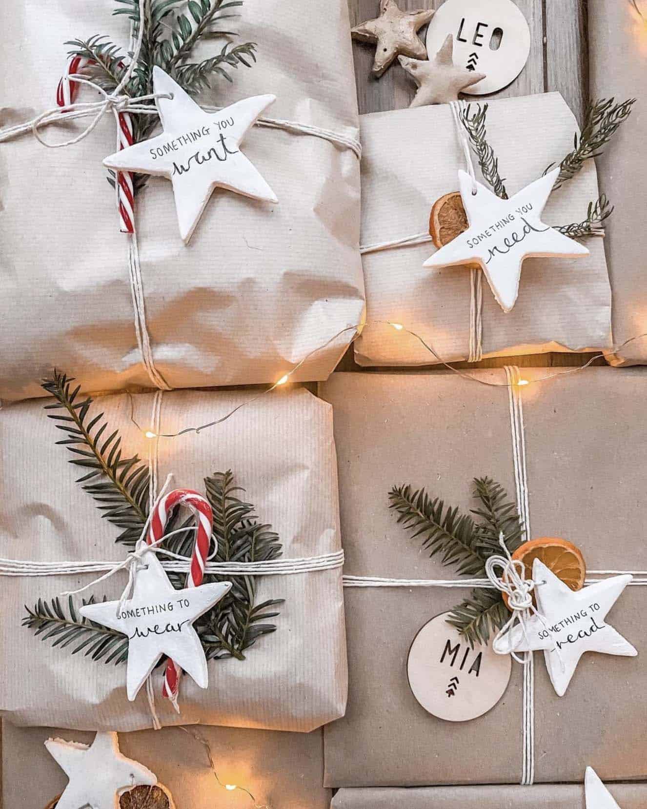 brown kraft paper christmas gifts with salt dough star decorations