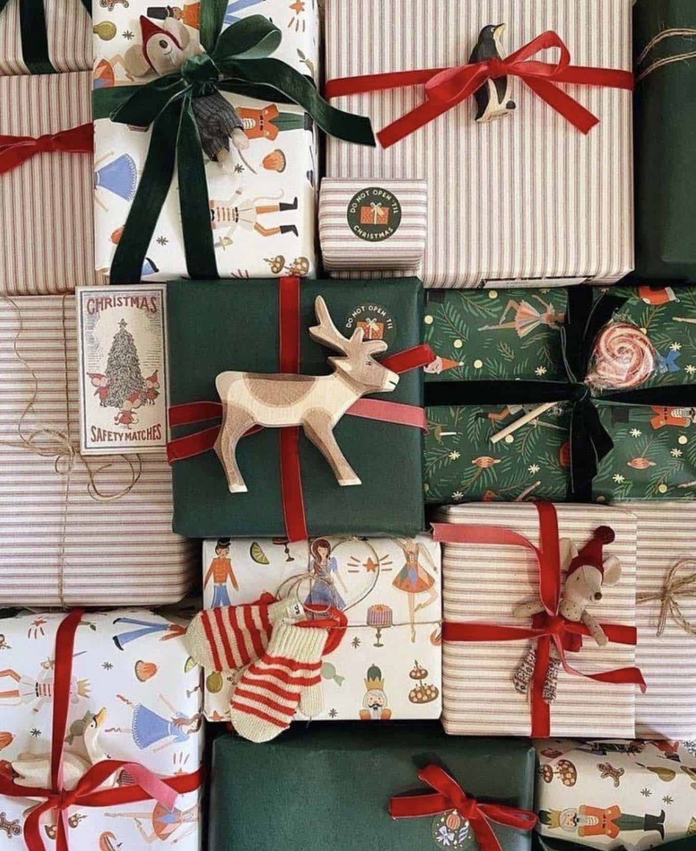 festive gift wrapping with ornaments and ribbon