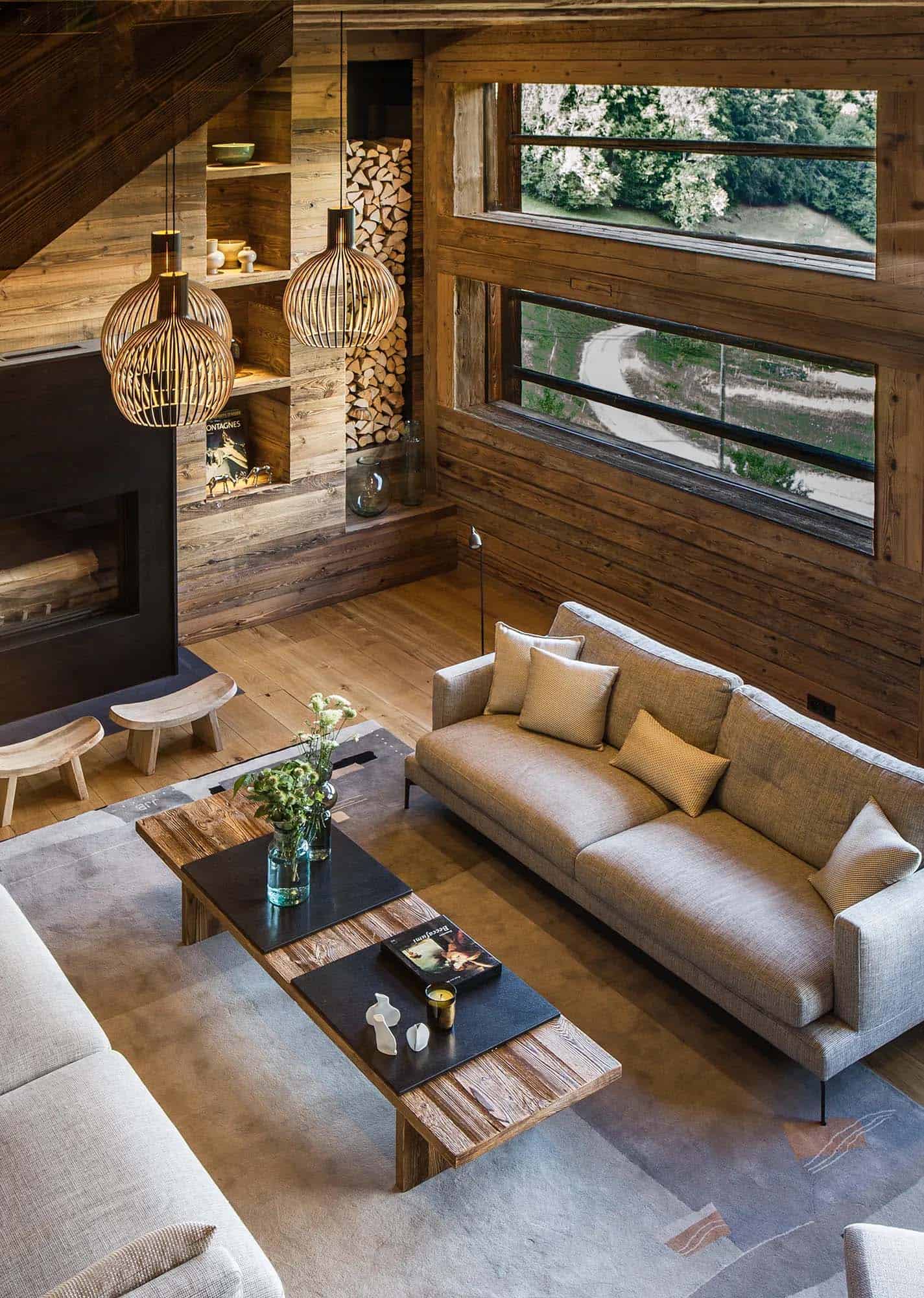 rustic modern living room with a fireplace