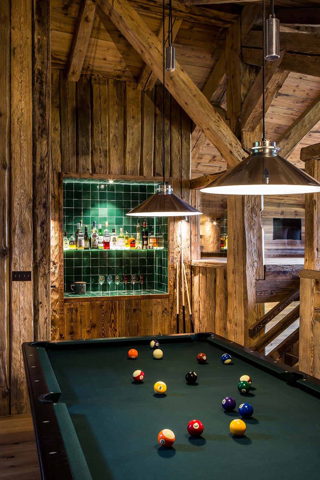 rustic modern family room with a pool table