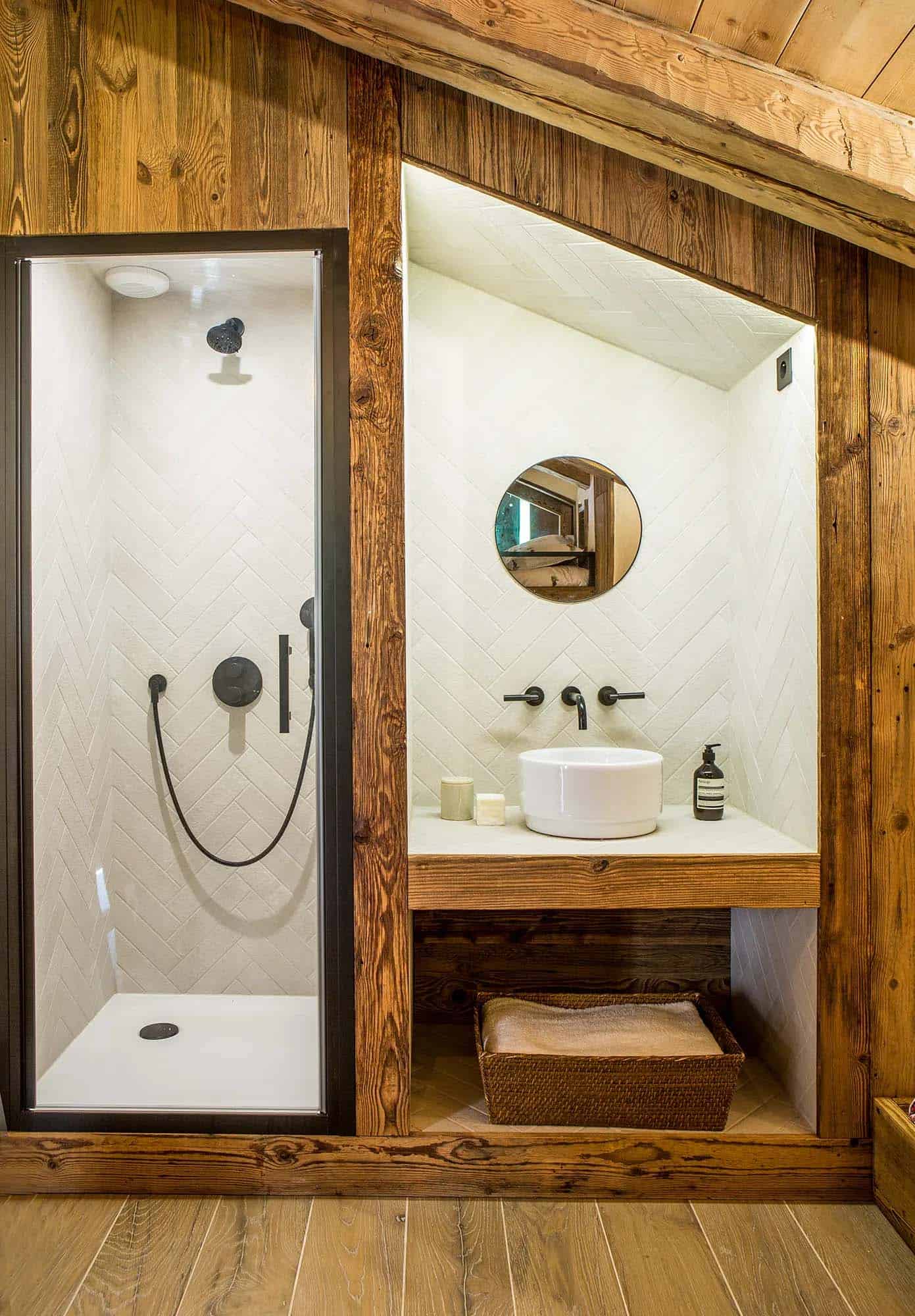rustic modern bathroom with a vanity and shower