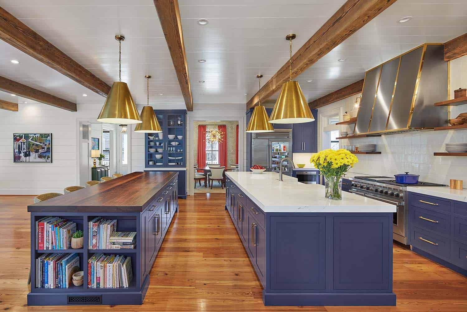 contemporary kitchen with blue cabinets