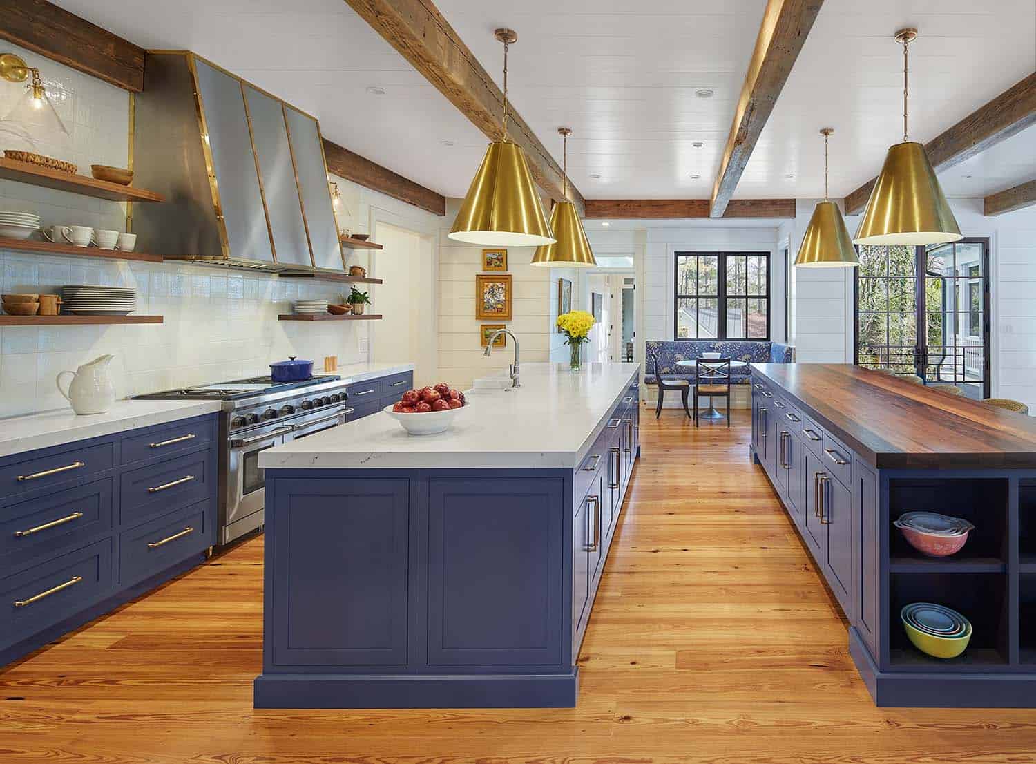 contemporary kitchen with blue cabinets