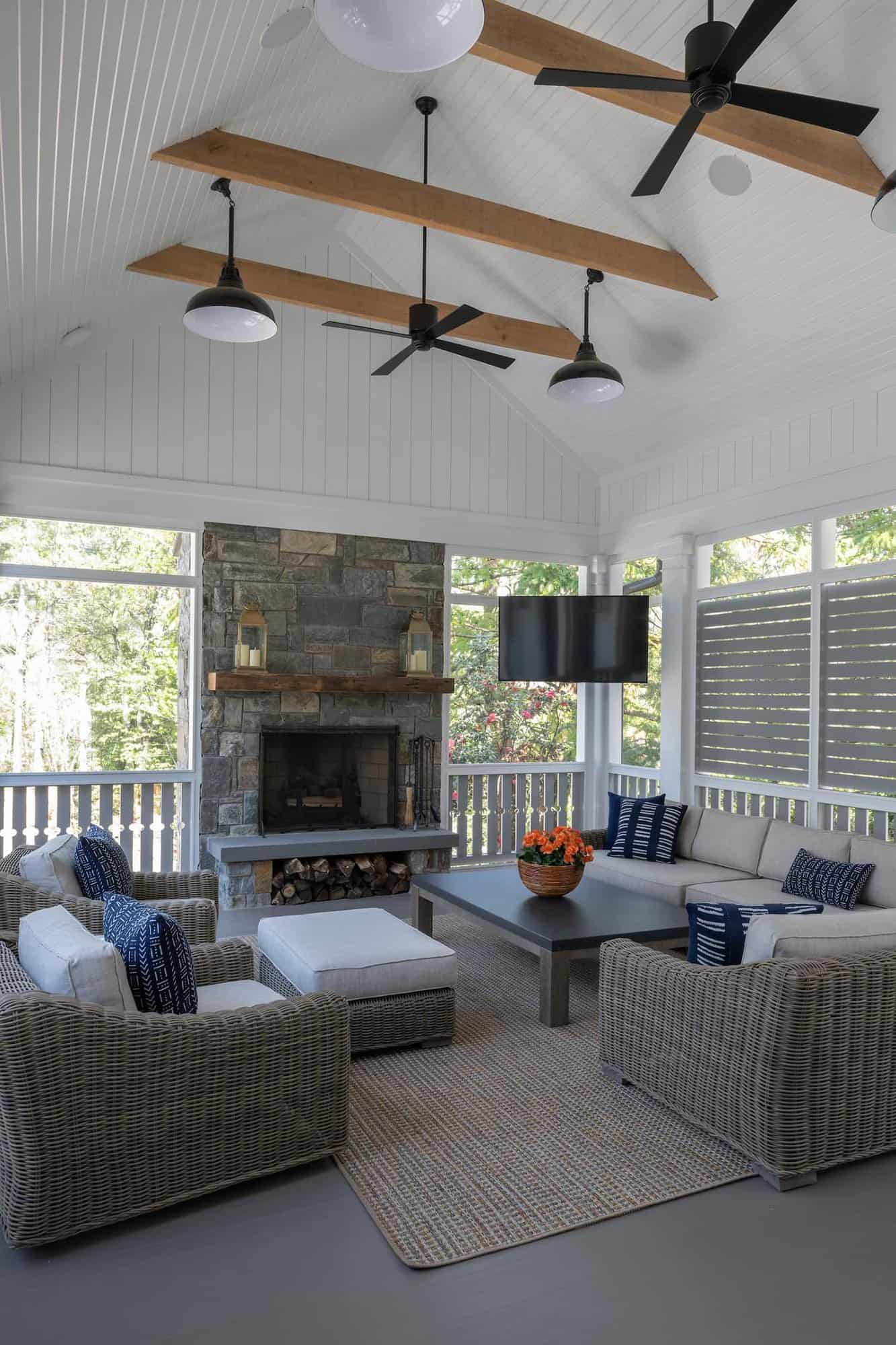 contemporary screened porch with a fireplace