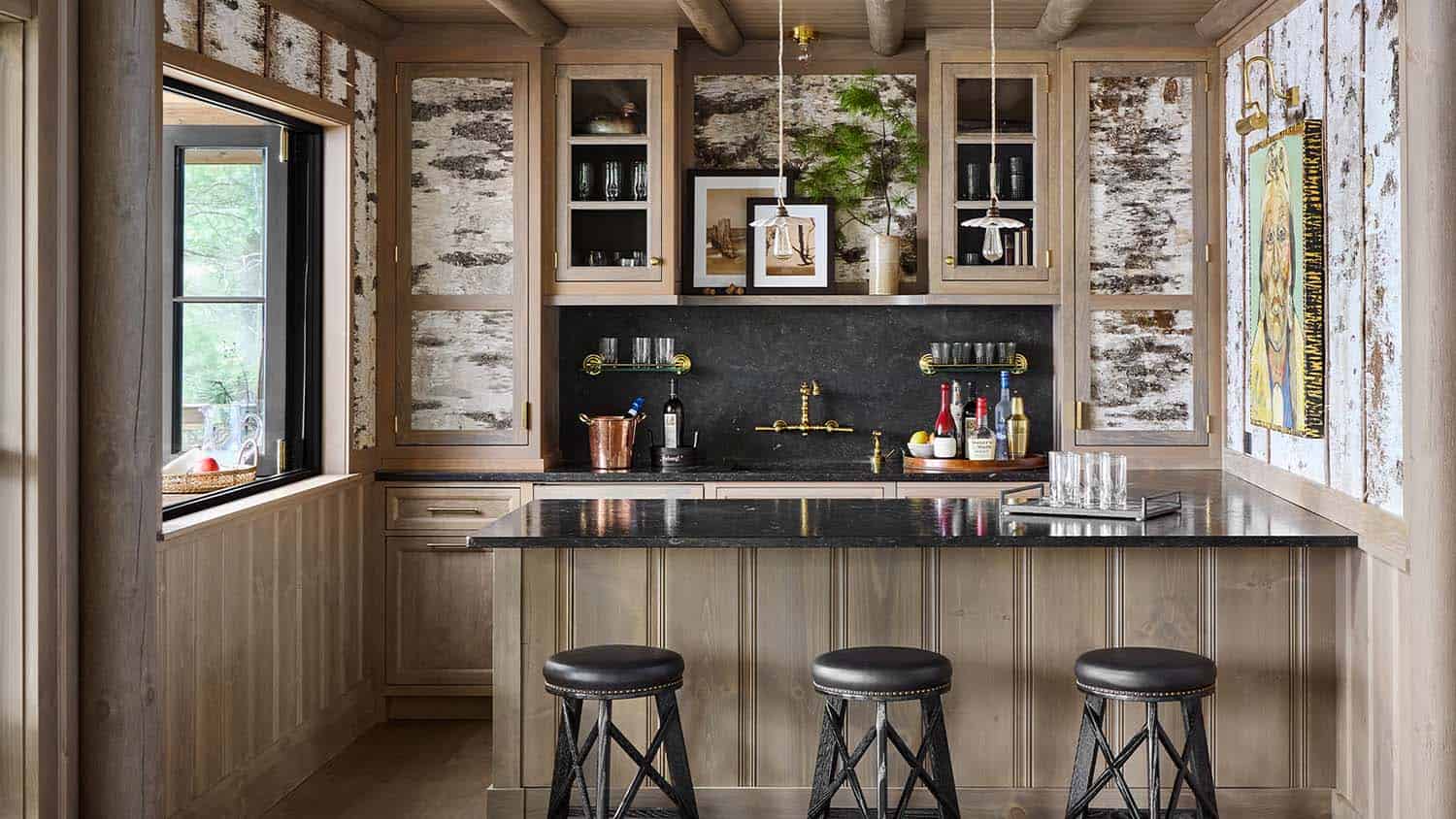 rustic home bar with a birch panel wall