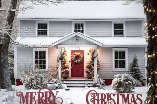 merry christmas holiday decorated home exterior view with snow