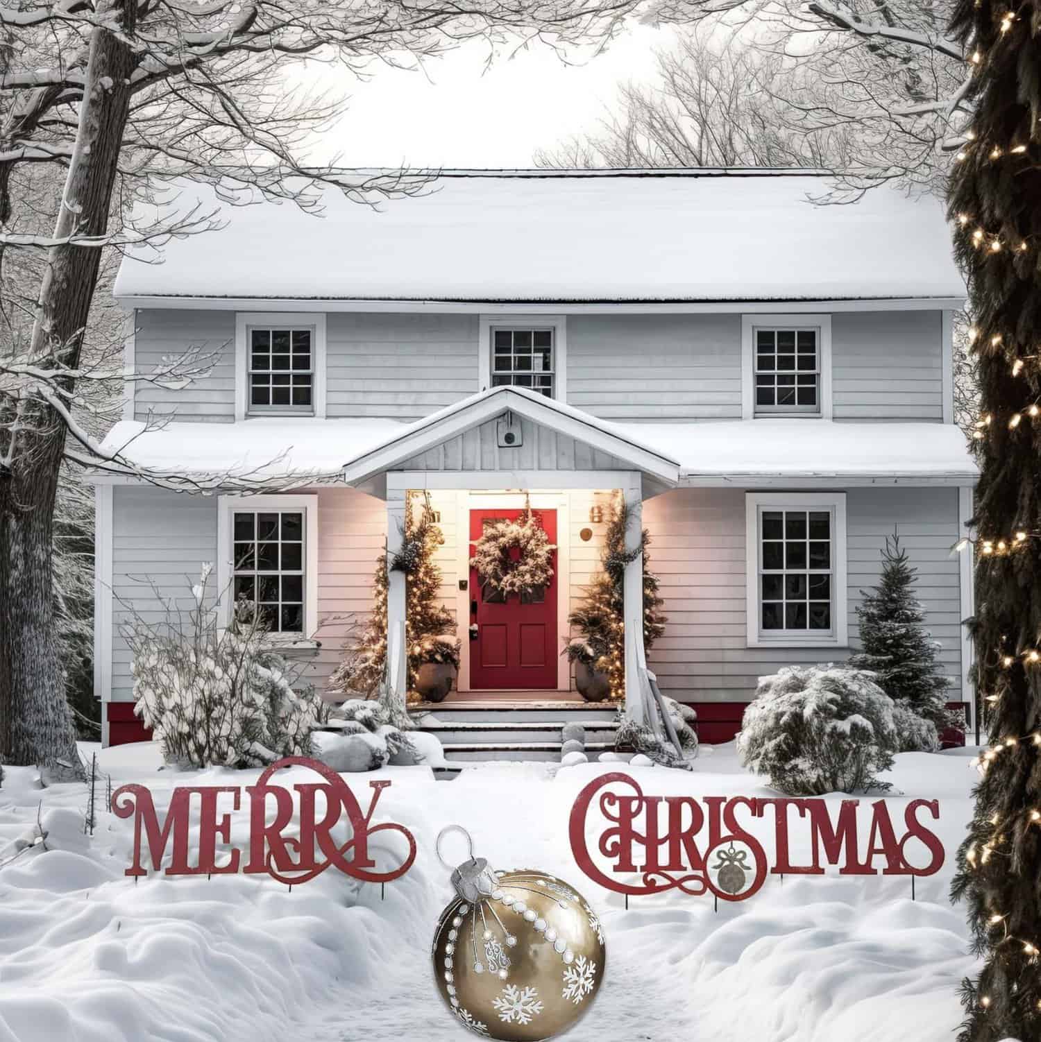 merry christmas holiday decorated home exterior view with snow