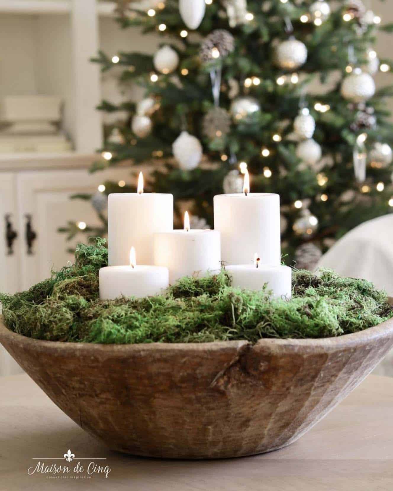 christmas decorated dough bowl with candles