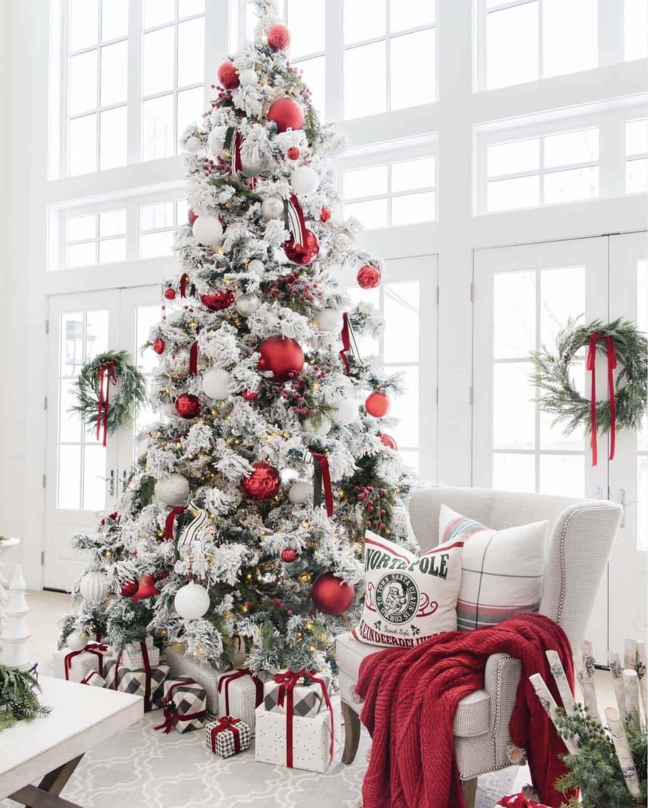 christmas tree in the living room in a red and white theme