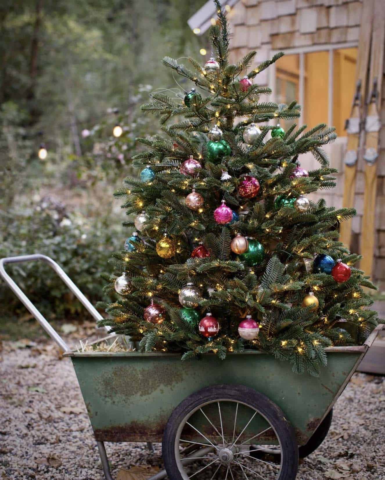 twinkling christmas tree outdoors in a wheel barrow