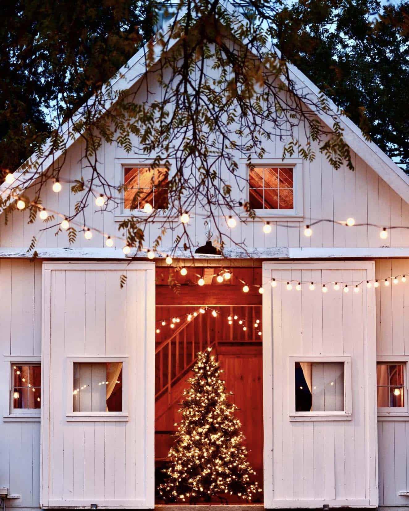 farmhouse with a christmas tree