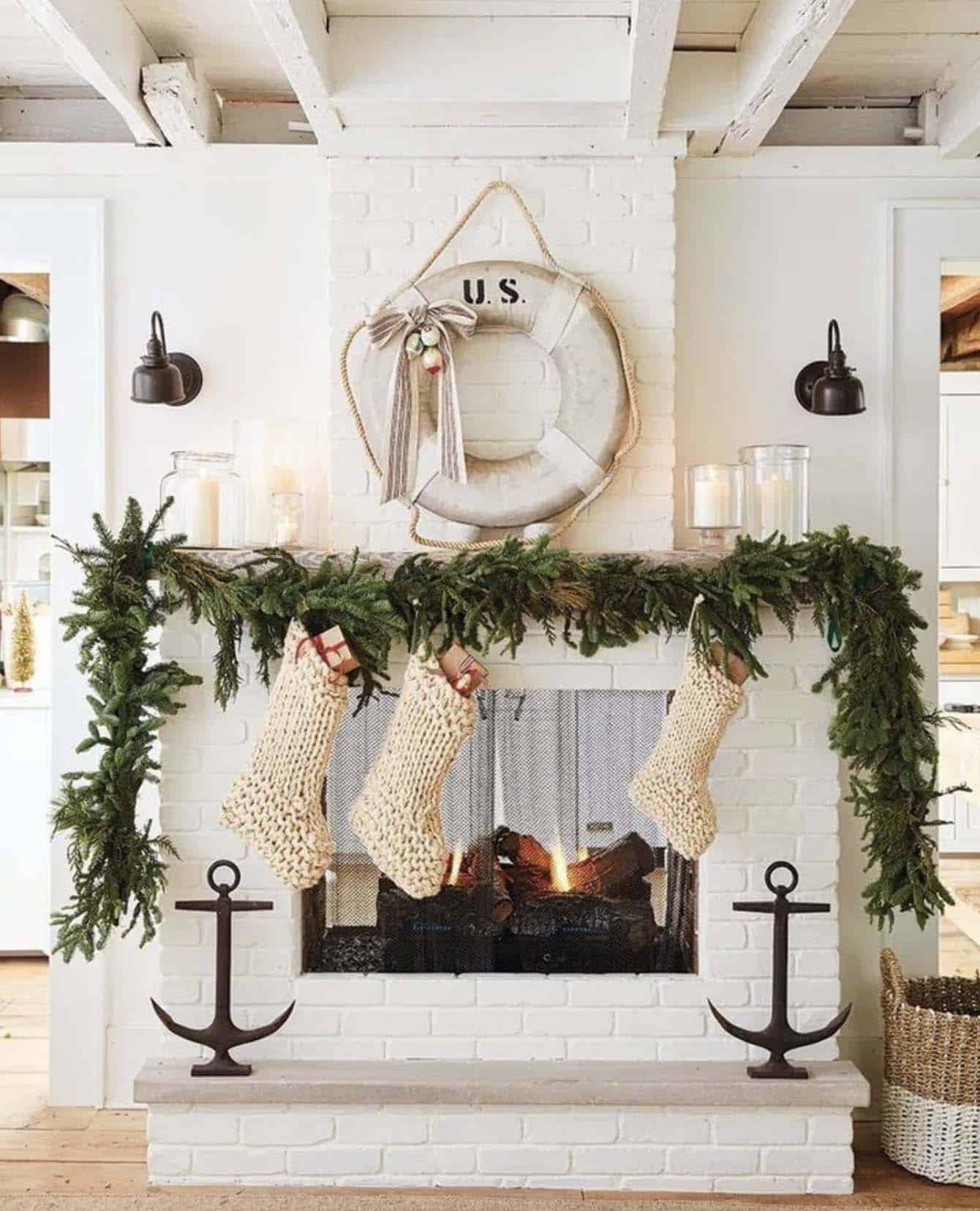 vintage-inspired Christmas decor around the fireplace mantel