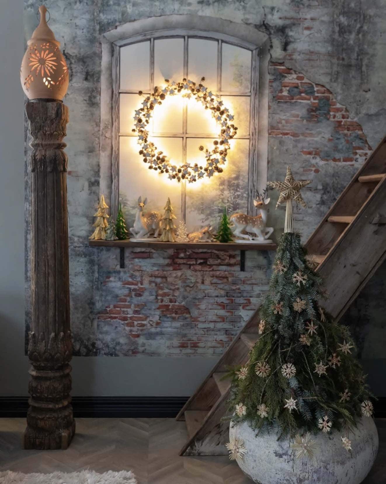 spruce christmas tree and a lighted DIY wreath
