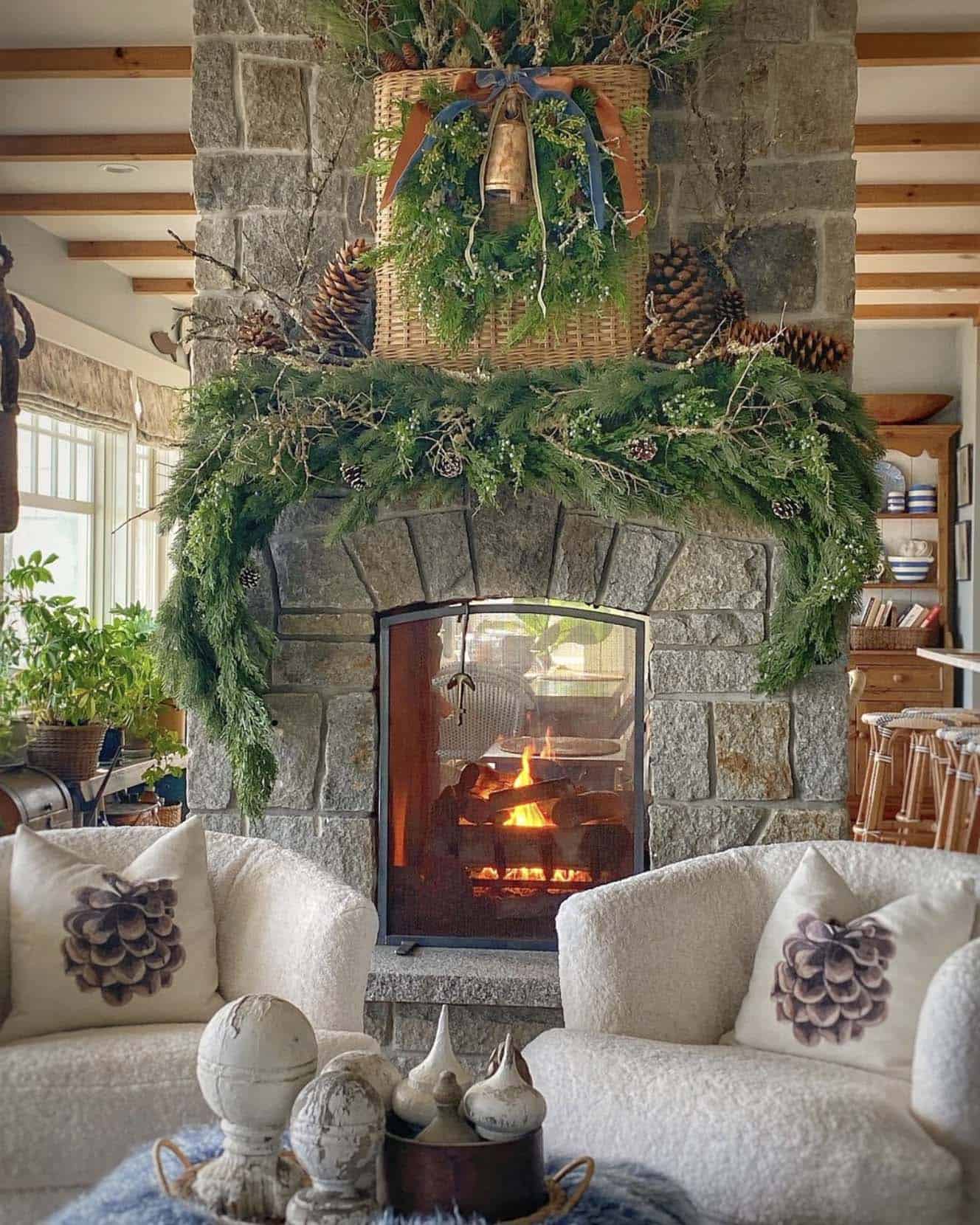 coastal style fireplace mantel with gorgeous christmas garland