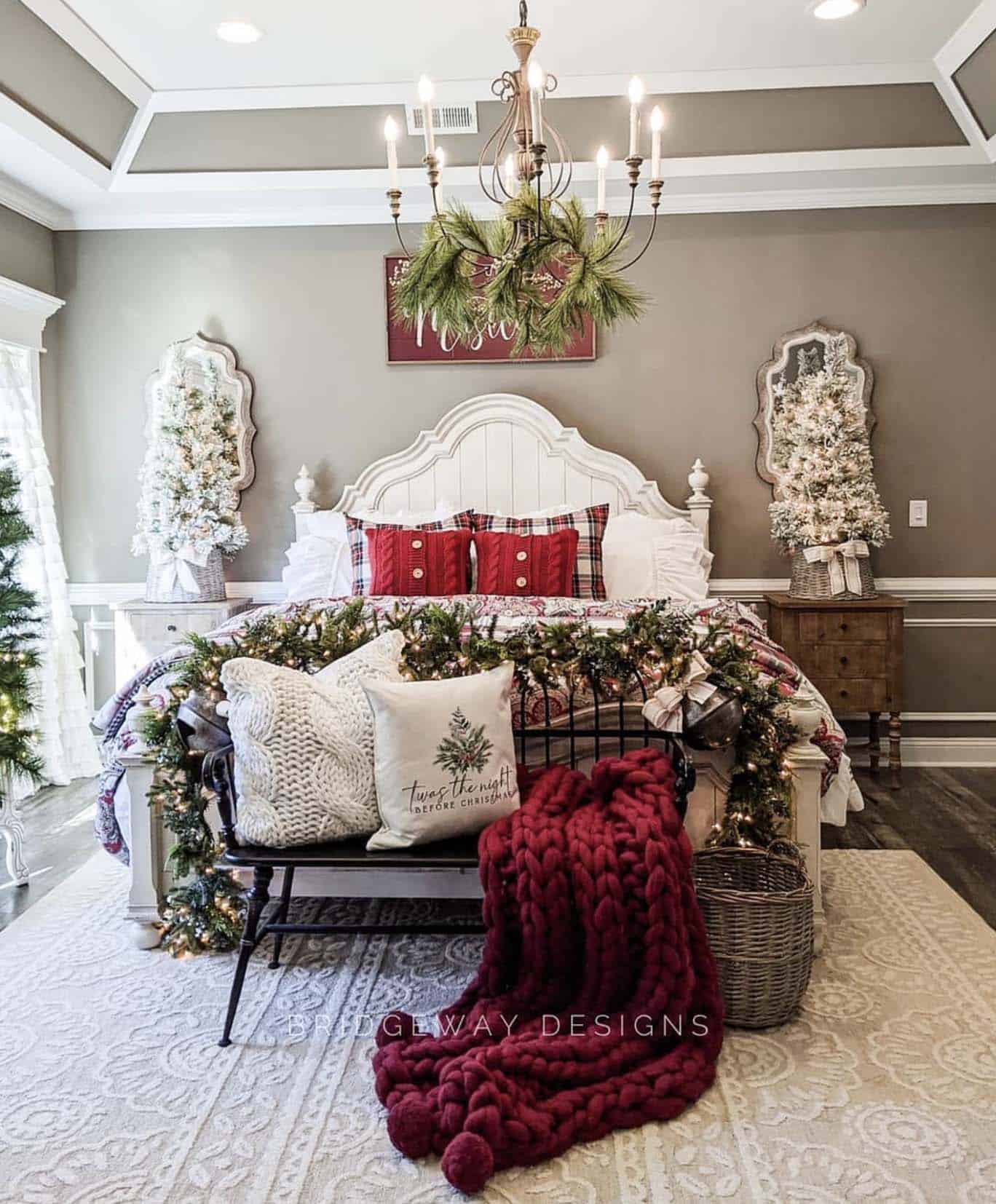 cozy christmas decorated bedroom with pops of red