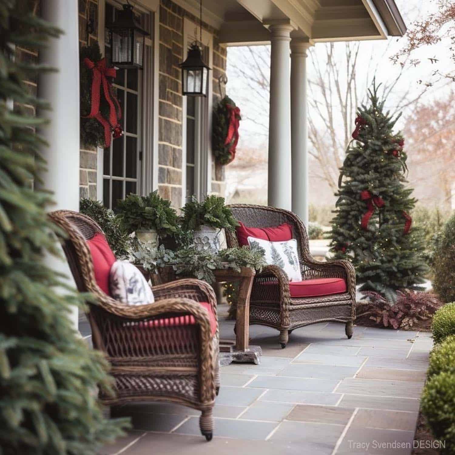 Christmas red and green theme on the front porch