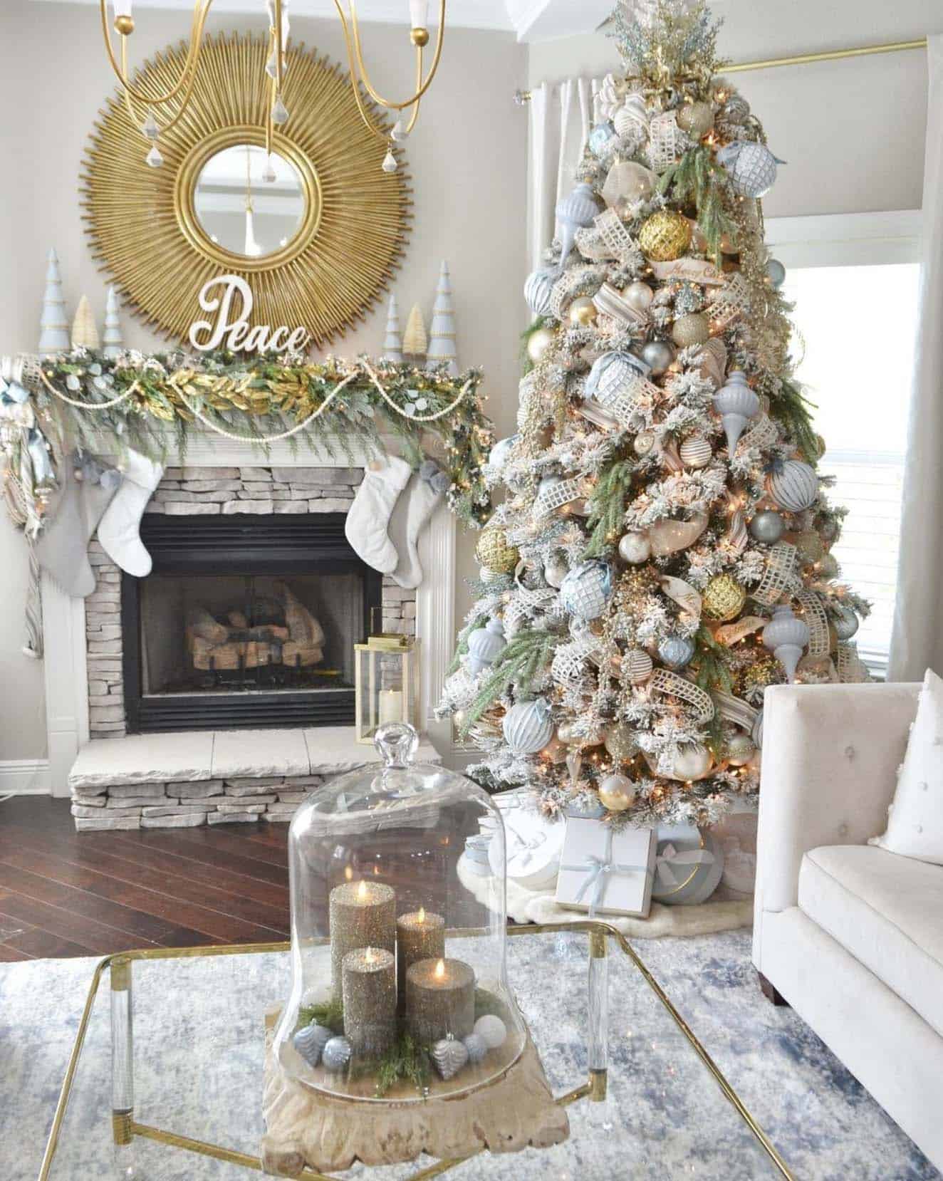 christmas decorated living room with a mix of rustic glam and coastal style