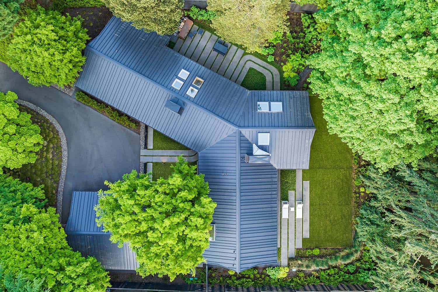 mid-century home exterior aerial view