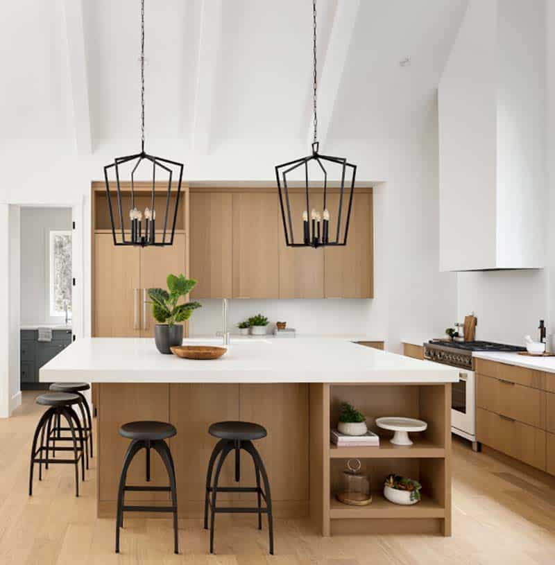 modern farmhouse kitchen with large pendant lights