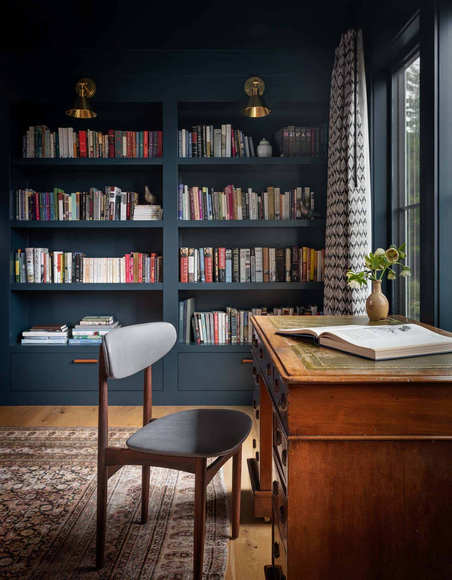 modern home office with blue walls