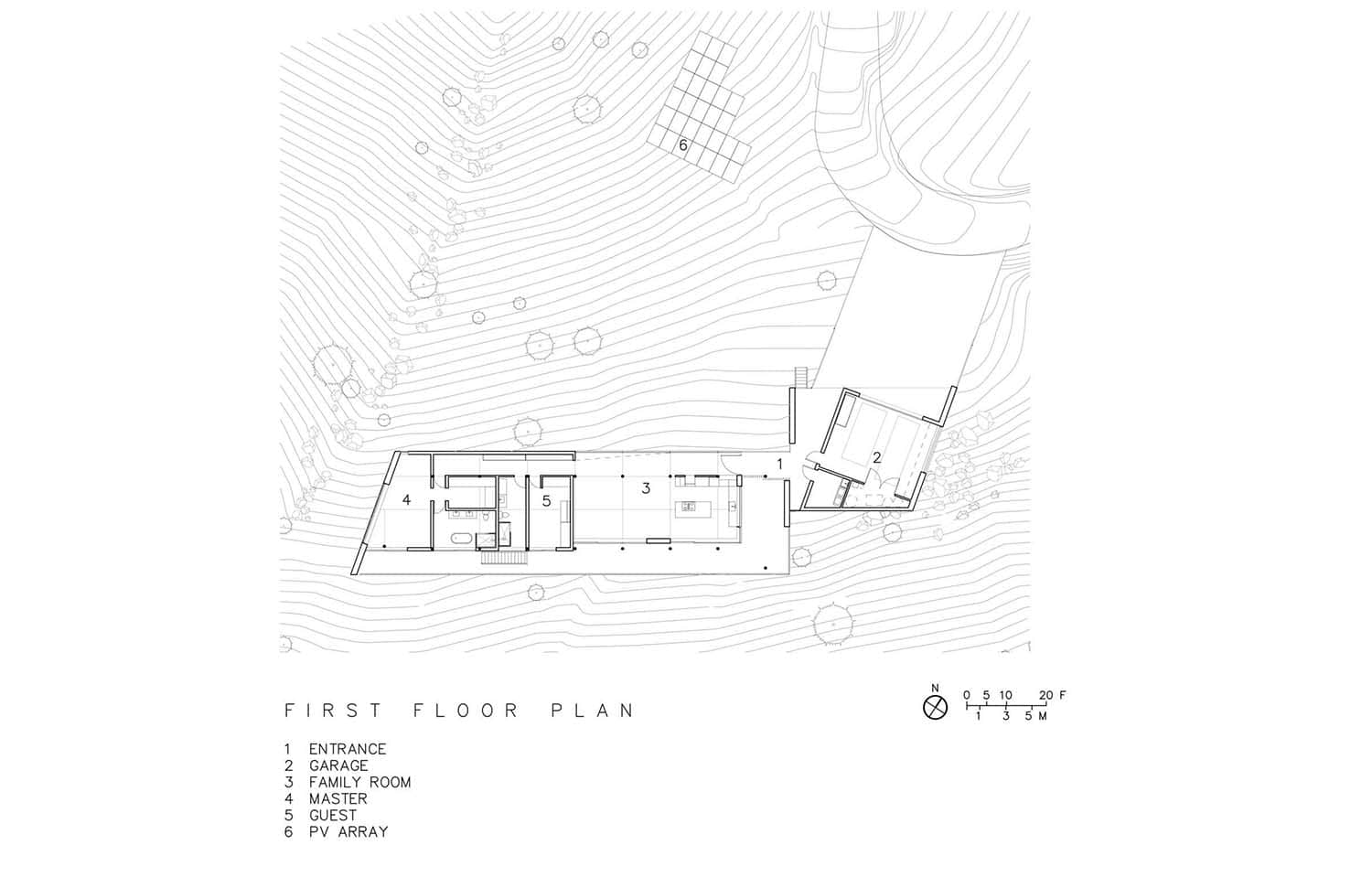 modern hillside home first floor plan