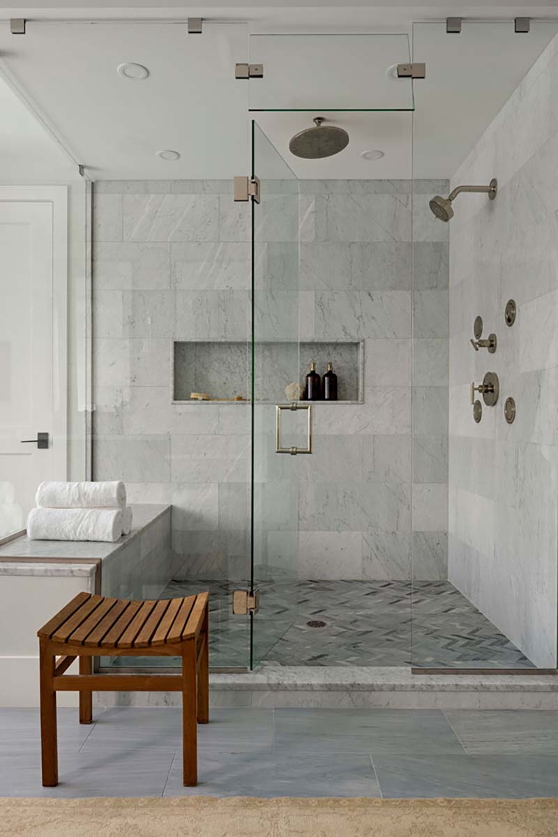 modern bathroom with a glass-enclosed shower