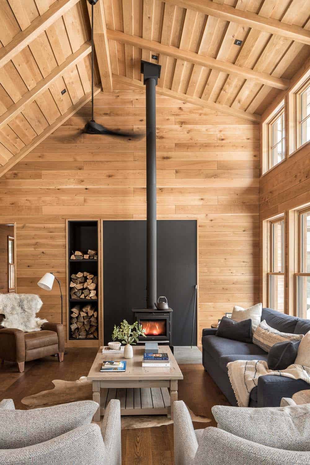rustic living room with a freestanding wood stove fireplace