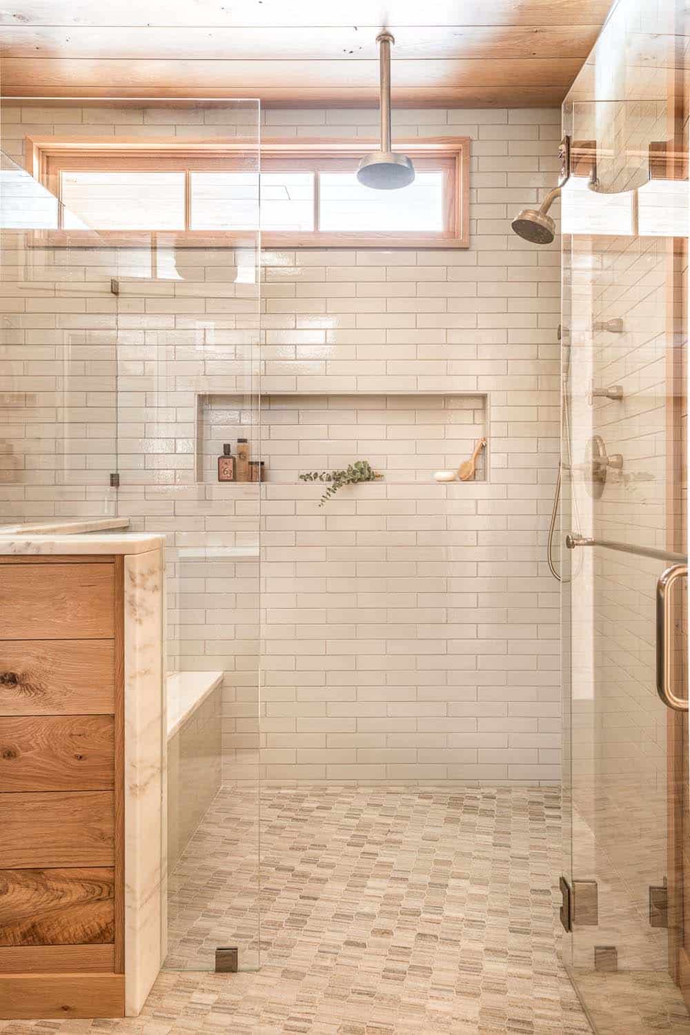 modern shower with white tile