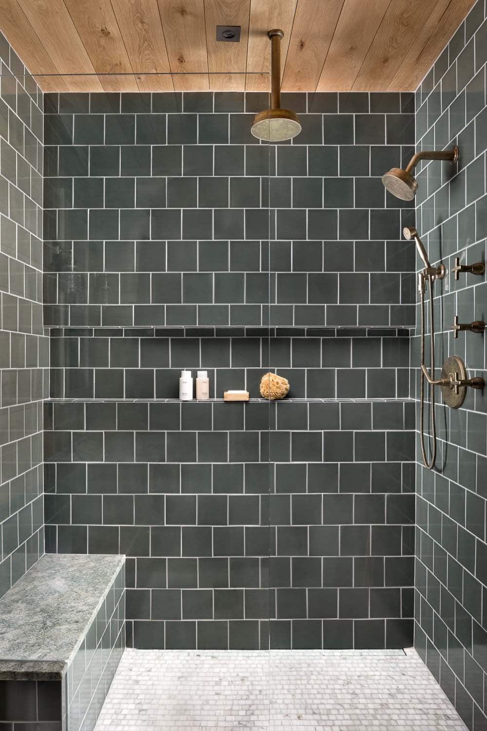 modern shower with blue tile