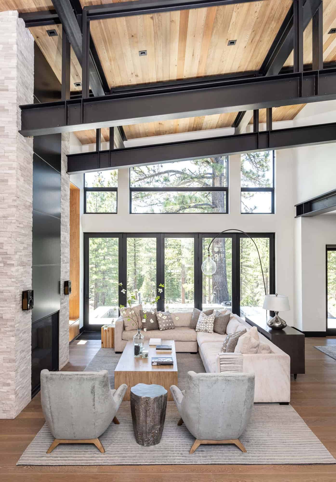 modern living room with large windows and forest views