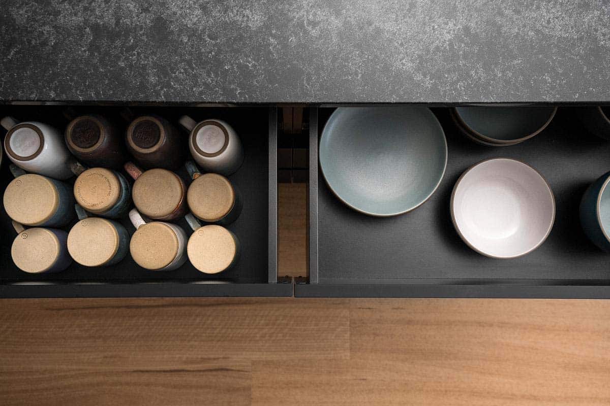 Scandinavian style kitchen storage drawer detail