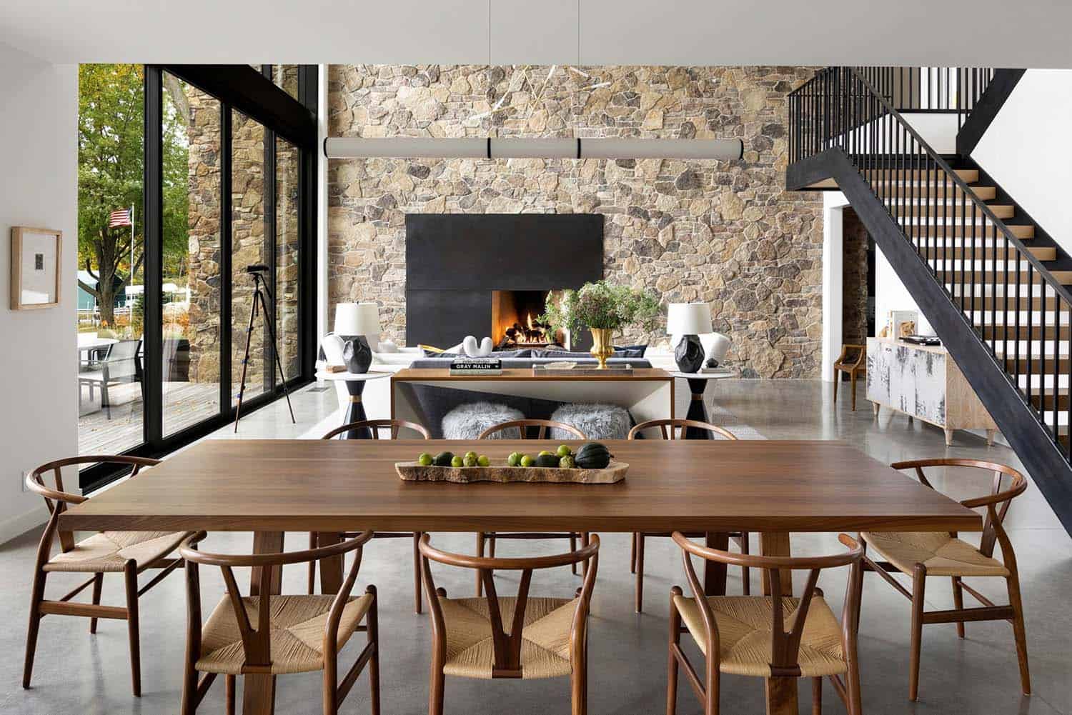 Scandinavian midcentury modern dining room with a fireplace