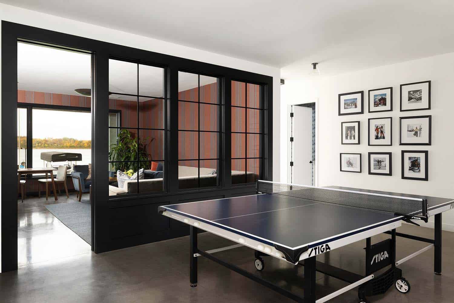 Scandinavian midcentury modern family room with a ping pong table