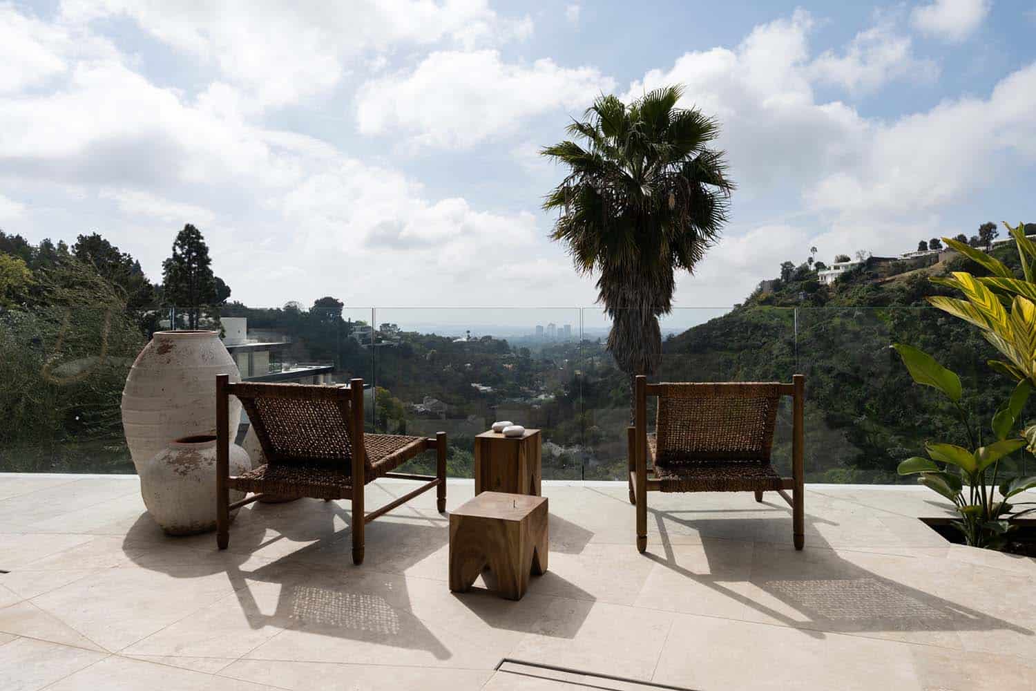 modern patio with a view of the Los Angeles skyline