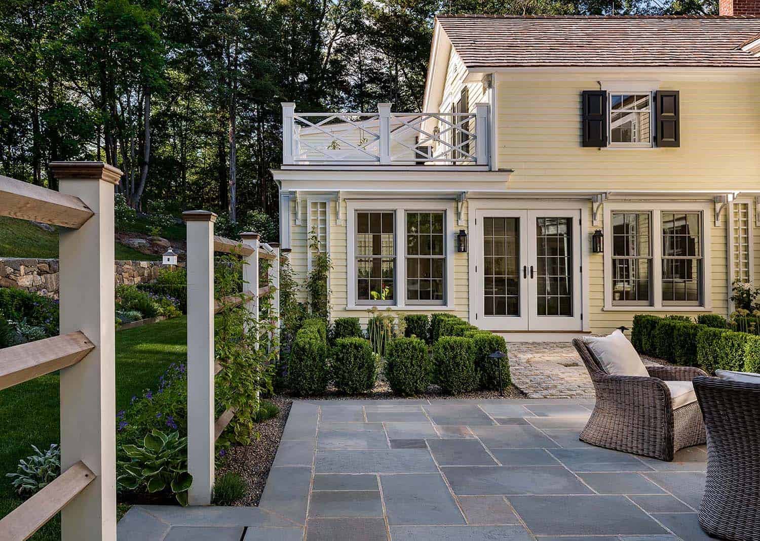 transitional style country home exterior backyard patio