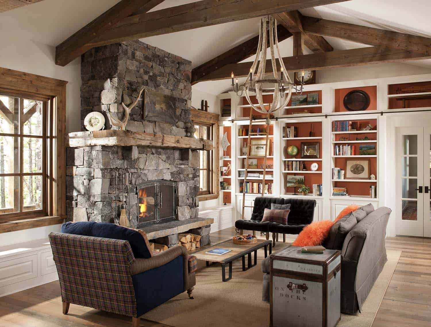 modern rustic living room with a stone fireplace