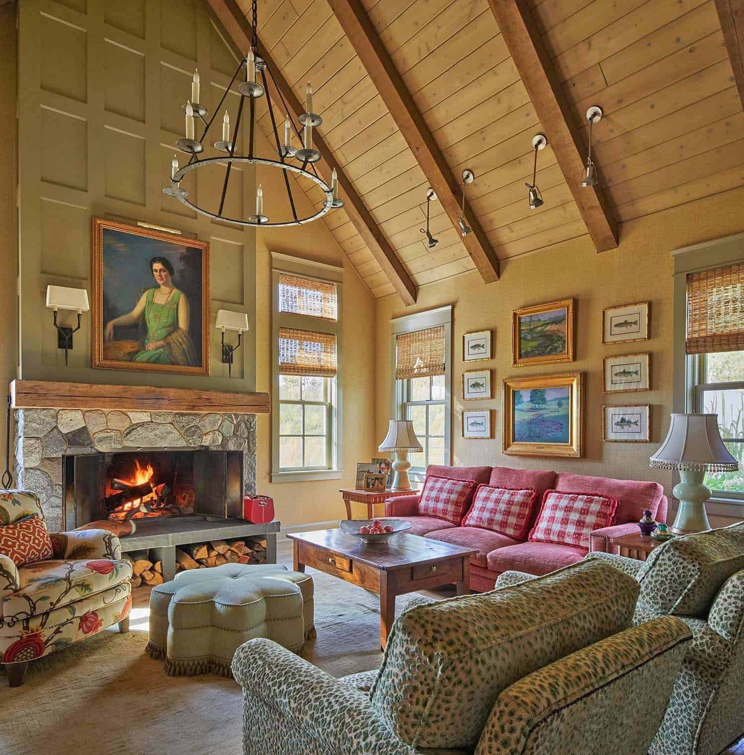 farmhouse style living room with a fireplace