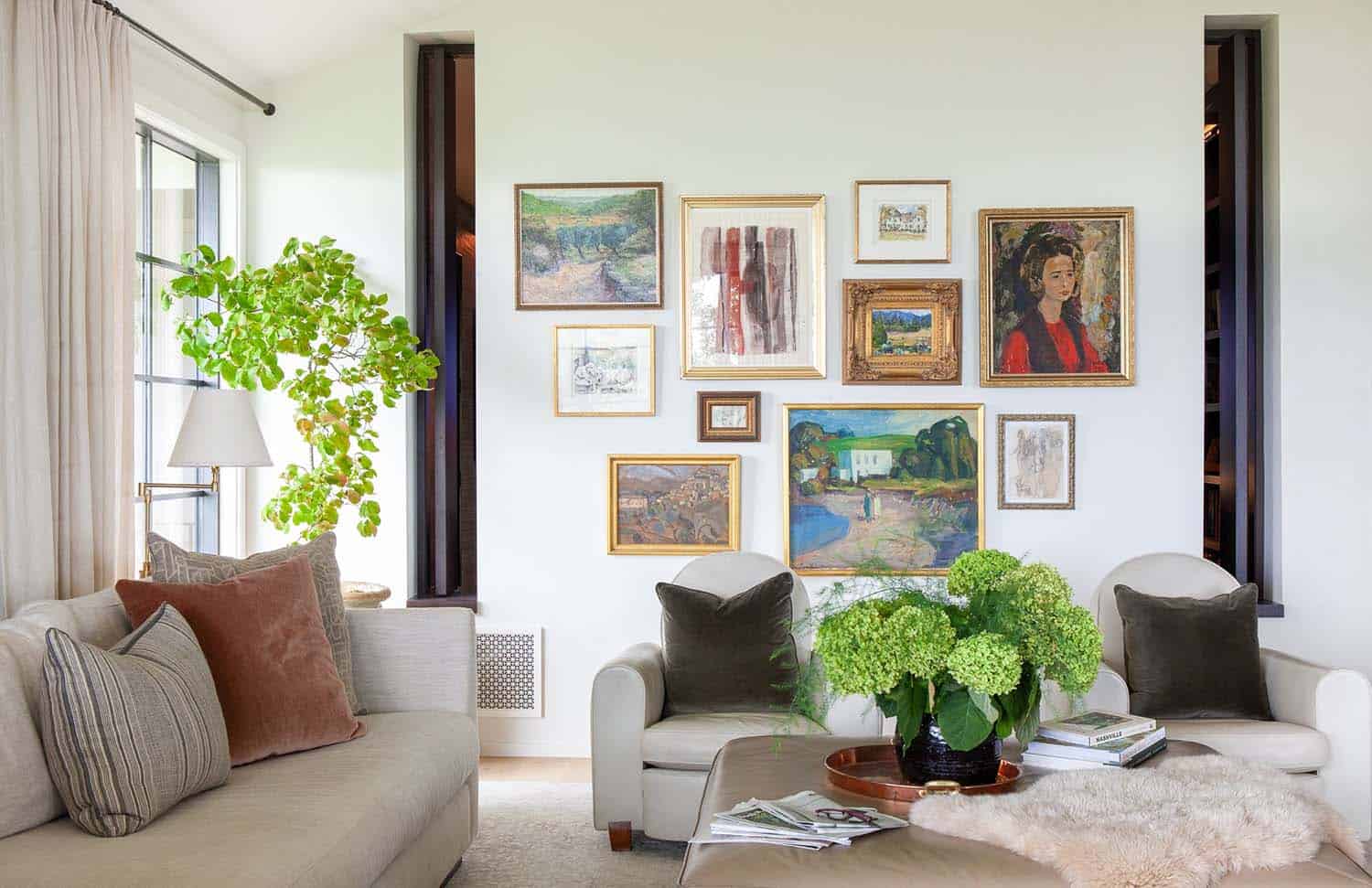 contemporary living room with an art gallery wall