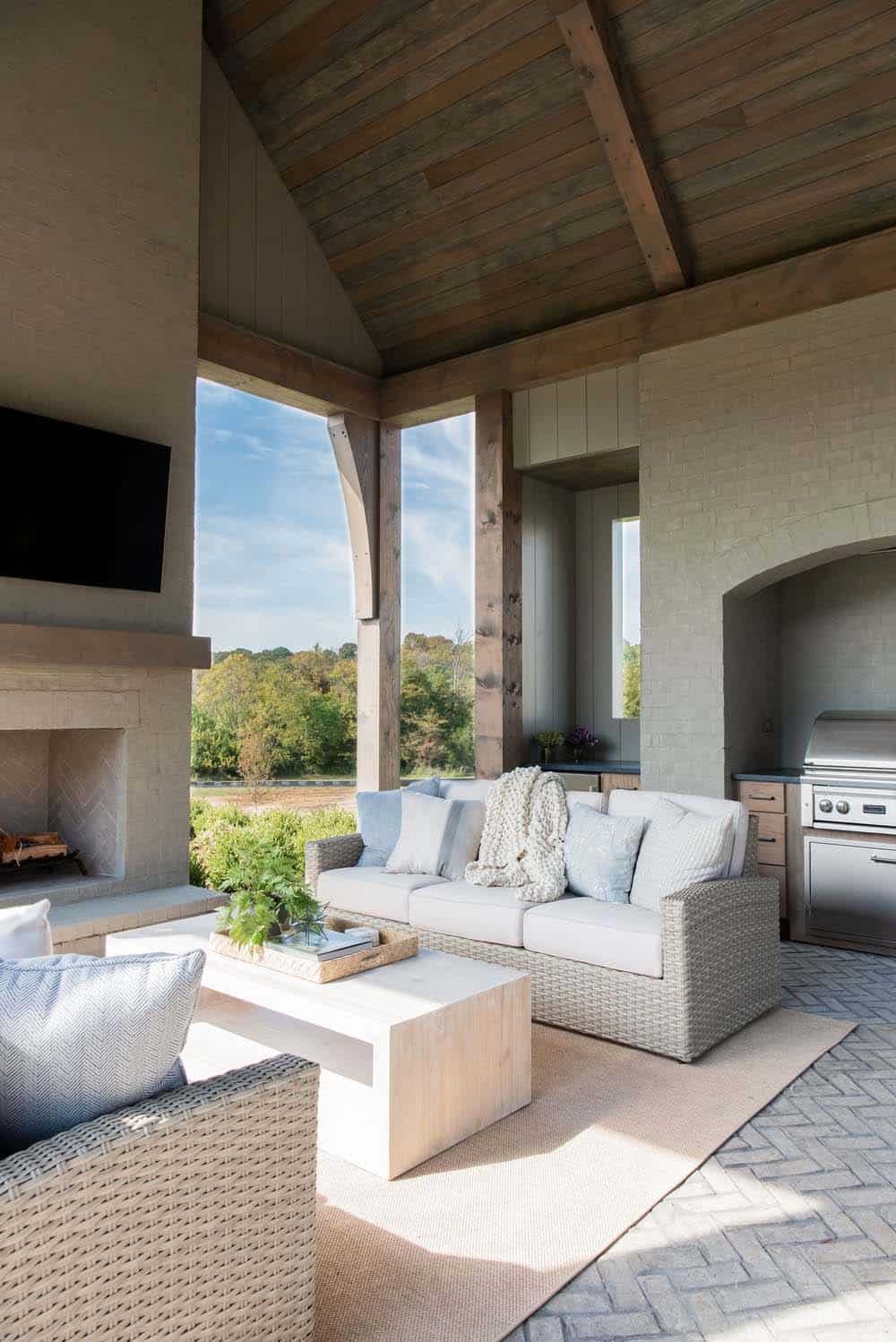 contemporary covered patio with an outdoor fireplace